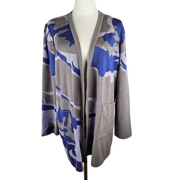 NWT Misook Knit Long Cardigan Sz Large Camouflage Gray Purple Quiet Luxury Pock - Picture 2 of 10